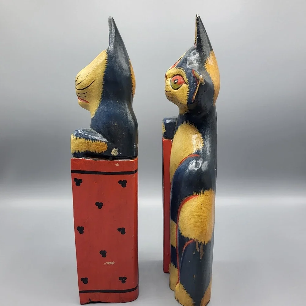 Wooden Cat Bookends Hand Painted Folk Art Colorful Shelf Decor Blue Yellow Red